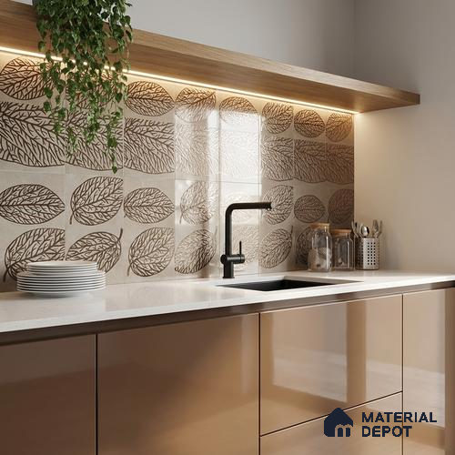 Metallic Wall Handmade Tile TL 05865 C Leaf Apex Leaf Vein 197 mm x 197 mm Vitrified - 9 mm | 4 Random Patterns | Suitable For Living Room, Bedroom, Kitchen