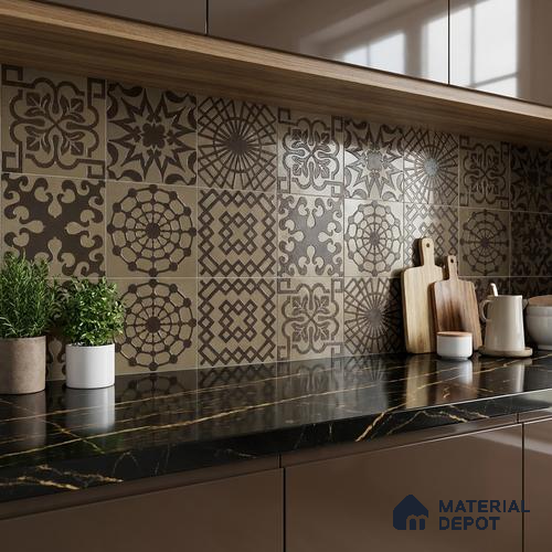 Metallic Wall Handmade Tile TL 05866 G Floral Frame Antique Charm 148 mm x 148 mm Vitrified - 9 mm | 6 Random Patterns | Suitable For Living Room, Bedroom, Kitchen