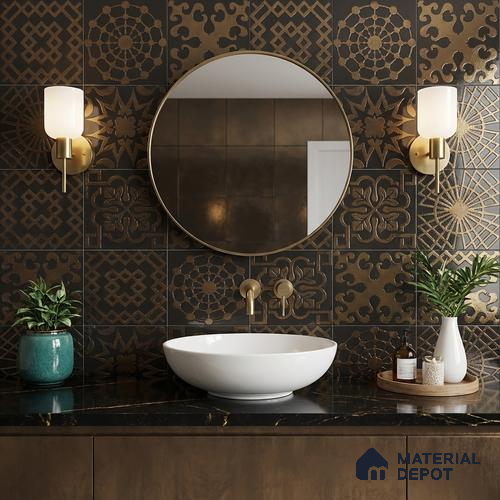 Metallic Wall Handmade Tile TL 05866 F Lattice Squares Bronze Charm 148 mm x 148 mm Vitrified - 9 mm | 6 Random Patterns | Suitable For Living Room, Bedroom, Kitchen