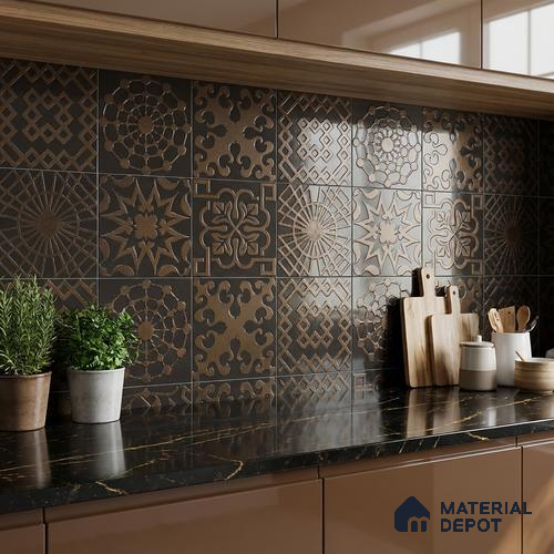 Metallic Wall Handmade Tile TL 05866 F Lattice Squares Bronze Charm 148 mm x 148 mm Vitrified - 9 mm | 6 Random Patterns | Suitable For Living Room, Bedroom, Kitchen