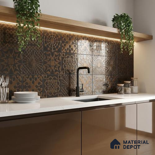 Metallic Wall Handmade Tile TL 05866 E Circle Web Bronze Charm 148 mm x 148 mm Vitrified - 9 mm | 6 Random Patterns | Suitable For Living Room, Bedroom, Kitchen