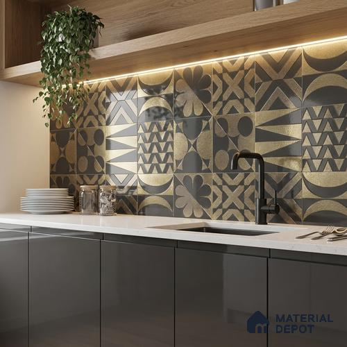 Metallic Wall Handmade Tile TL 05867 B Cross Edge Opulent Metal 96 mm x 96 mm Vitrified - 9 mm | 8 Random Patterns | Suitable For Living Room, Bedroom, Kitchen