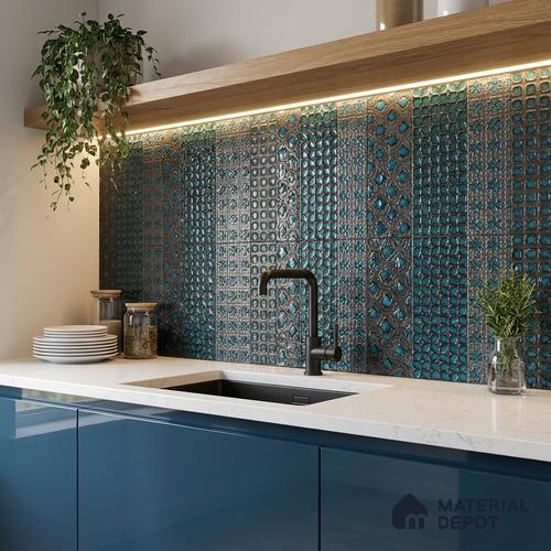 Metallic Wall Handmade Tile TL 05869 C Pattern 3 Turquoise Luxe 297 mm x 72 mm Vitrified - 9 mm | 4 Random Patterns | Suitable For Living Room, Bedroom, Kitchen