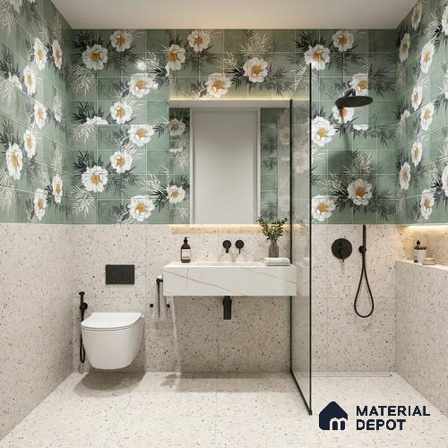 Floral Wall Tile TL 06007 G Dove Sea Green Decore A 2 ft x 1 ft Ceramic Glossy Finish - 7.5 mm | Suitable For Kitchen, Bathroom | Please Expect a Slight Variation of Pattern