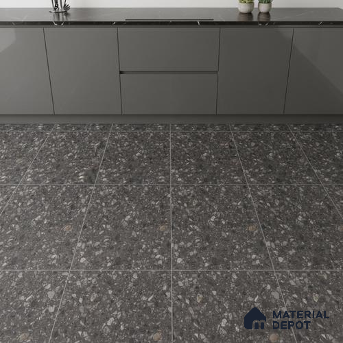Terrazzo Floor & Wall Tile TL 06022 B Carrara Nero 2 ft x 2 ft Rustic Carving Matte Finish Vitrified Tile - 9 mm | 6 Random Design | Suitable For Living Room, Bedroom, Bathroom, Kitchen & Dining