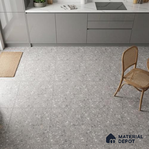 Terrazzo Floor & Wall Tile TL 06022 Carrara White 2 ft x 2 ft Rustic Carving Matte Finish Vitrified Tile - 9 mm | 6 Random Design | Suitable For Living Room, Bedroom, Bathroom, Kitchen & Dining