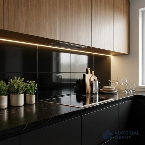 Plain Wall Tile TL 06472 B Midas Black 2 ft x 1 ft Ceramic Glossy Finish - 8 mm | Suitable for Living Room, Kitchen & Bathroom