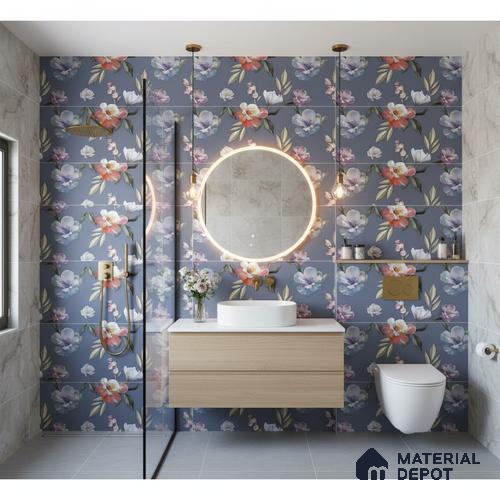 Floral Wall Tile TL 06526 Q NG Mandavi Royal Blue Flower A 2 ft x 1 ft Ceramic Matte Finish - 8 mm | Suitable for Living Room, Kitchen & Bathroom | Please Expect a Slight Variation of Pattern