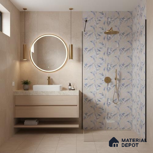 Floral Wall Tile TL 06526 S NG Mandavi Royal Grey Leaf A 2 ft x 1 ft Ceramic Matte Finish - 8 mm | Suitable for Living Room, Kitchen & Bathroom | Please Expect a Slight Variation of Pattern