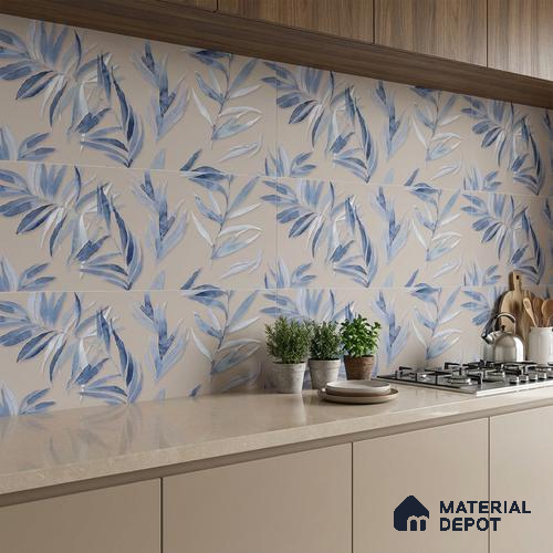 Floral Wall Tile TL 06526 T NG Mandavi Royal Grey Leaf B 2 ft x 1 ft Ceramic Matte Finish - 8 mm | Suitable for Living Room, Kitchen & Bathroom | Please Expect a Slight Variation of Pattern