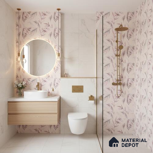Floral Wall Tile TL 06526 W NG Mandavi Royal Pink Leaf A 2 ft x 1 ft Ceramic Matte Finish - 8 mm | Suitable for Living Room, Kitchen & Bathroom | Please Expect a Slight Variation of Pattern