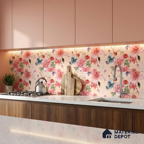 Floral Wall Tile TL 06526 Y NG Mandavi Royal Pink Flower A 2 ft x 1 ft Ceramic Matte Finish - 8 mm | Suitable for Living Room, Kitchen & Bathroom | Please Expect a Slight Variation of Pattern