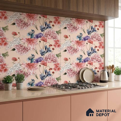 Floral Wall Tile TL 06526 Z NG Mandavi Royal Pink Flower B 2 ft x 1 ft Ceramic Matte Finish - 8 mm | Suitable for Living Room, Kitchen & Bathroom | Please Expect a Slight Variation of Pattern