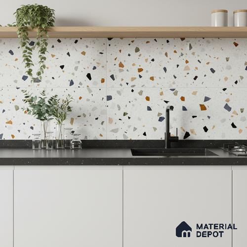 Terrazzo Wall Tile TL 06544 C Mosaic Stone White HL 2 ft x 1 ft Ceramic Matte Finish - 8 mm | Suitable for Living Room, Kitchen & Bathroom