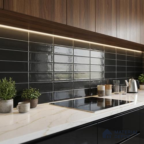 Subway Wall Tile TL 06555 D Messi Black 2 ft x 1 ft Ceramic Glossy Finish - 8 mm | Suitable for Kitchen & Bathroom | Please Expect a Slight Variation of Pattern