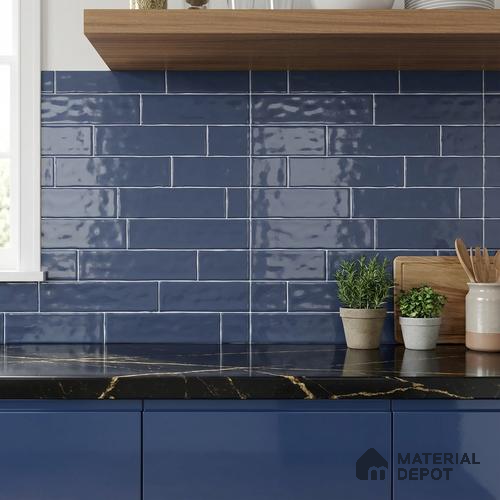 Faux Subway Wall Tile TL 06556 D Cluster Blue 2 ft x 1 ft Ceramic Glossy Finish - 8 mm | Suitable for Kitchen, Bathroom & Balcony Walls | Please Expect a Slight Variation of Pattern