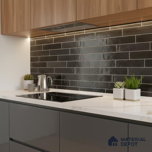 Faux Subway Wall Tile TL 06563 D R Tribeca Black 2 ft x 1 ft Ceramic Glossy Finish - 8 mm | Suitable for Kitchen, Bathroom & Balcony Walls | Please Expect a Slight Variation of Pattern