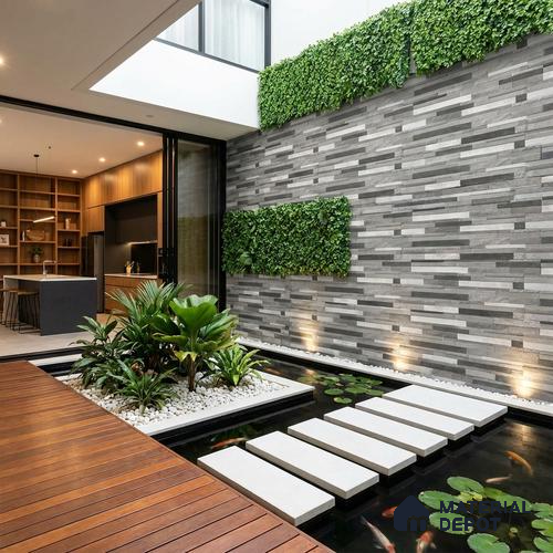 Stacked Stone Wall Tile TL 06599 Ardesia Gris 2 ft x 1 ft Ceramic Matte Finish - 9 mm | Suitable for Courtyard, Foyer, Balcony, Elevation