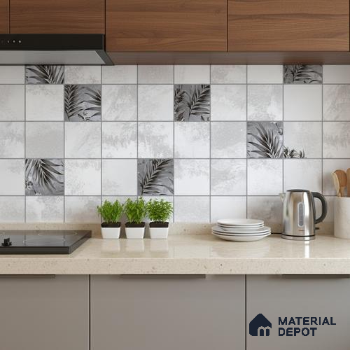 Grey Highlighter Wall Tile TL 06727 Lustra Floral Nimbus 2 ft x 1 ft Ceramic Carving Satin Finish - 9 mm | | Suitable for Living Room, Bedroom, Bathroom