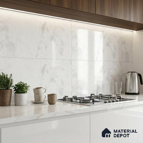 White Cement Wall Tile TL 06761 Lustra Alpine Ivory 2 ft x 1 ft Ceramic Glossy Finish - 9 mm | | Suitable for Living Room, Bedroom, Bathroom