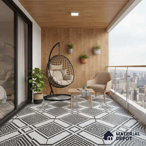 Black Moroccan Floor & Wall Tile TL 06814 Lustra Monochrome Precision Noir 2 ft x 2 ft Vitrified Carving Matte Finish - 9 mm | Suitable for Kitchen, Bathroom, Dining Area | Please Expect a Slight Variation of Pattern