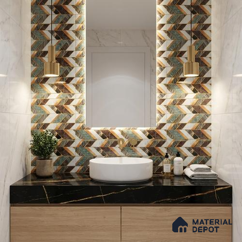 Glass Highligter Wall Tile TL 07342 Regal Herringbone 2 ft x 1 ft Glossy Finish Ceramic Tile - 9 mm | Suitable For Bathroom, Kitchen Backsplashes