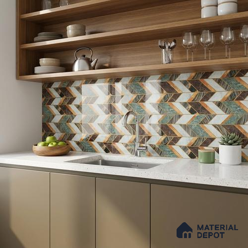 Glass Highligter Wall Tile TL 07342 Regal Herringbone 2 ft x 1 ft Glossy Finish Ceramic Tile - 9 mm | Suitable For Bathroom, Kitchen Backsplashes