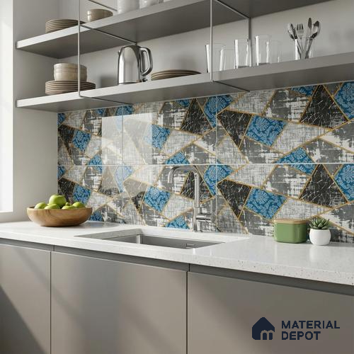 Glass Highligter Wall Tile TL 07350 Indigo Shards 2 ft x 1 ft Glossy Finish Ceramic Tile - 9 mm | Suitable For Bathroom, Kitchen Backsplashes