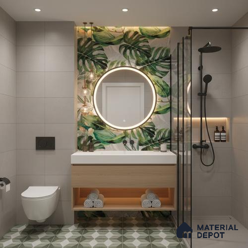 Tropical Wall Tile TL 07545 Monstera Grey Decor A 4 ft x 2 ft Designer Tiles Vitrified Matte Finish - 9 mm Suitable For Living Room, Bedroom, Bathroom, Dining