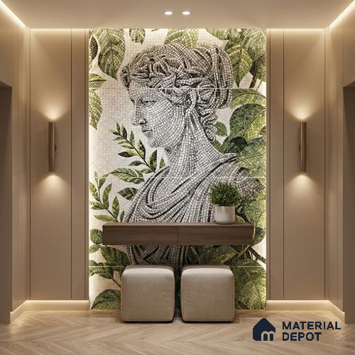 Faux Mosaic Mural Poster Wall Tile TL 07907 Sculpted Muse 4 ft x 2 ft Vitrified Glossy Punch Finish - 9 mm | Suitable For Living Room, Bedroom & Office