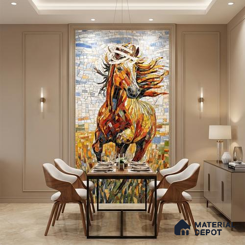 Faux Mosaic Mural Poster Wall Tile TL 07909 Racing Horse 4 ft x 2 ft Vitrified Glossy Punch Finish - 9 mm | Suitable For Living Room, Bedroom & Office