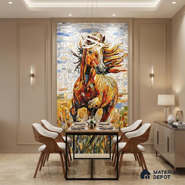 Faux Mosaic Mural Poster Wall Tile TL 07909 Racing Horse 4 ft x 2 ft Vitrified Glossy Punch Finish - 9 mm | Suitable For Living Room, Bedroom & Office