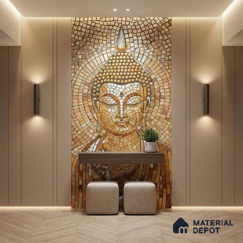 Faux Mosaic Mural Poster Wall Tile TL 07913 Lord Buddha 4 ft x 2 ft Vitrified Glossy Punch Finish - 9 mm | Suitable For Living Room, Bedroom & Office