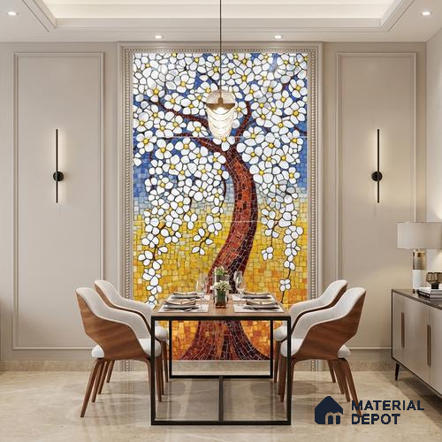 Faux Mosaic Mural Poster Wall Tile TL 07918 White Tree 4 ft x 2 ft Vitrified Glossy Punch Finish - 9 mm | Suitable For Living Room, Bedroom & Office