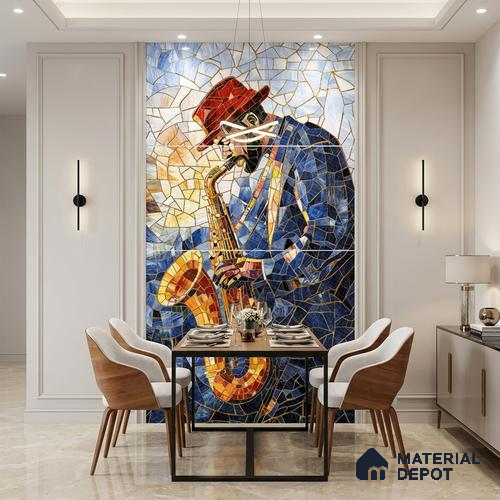 Faux Mosaic Mural Poster Wall Tile TL 07919 Trumpet Man 4 ft x 2 ft Vitrified Glossy Punch Finish - 9 mm | Suitable For Living Room, Bedroom & Office