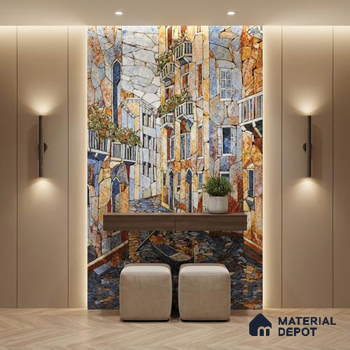 Faux Mosaic Mural Poster Wall Tile TL 07924 Rowboat City 4 ft x 2 ft Vitrified Glossy Punch Finish - 9 mm | Suitable For Living Room, Bedroom & Office