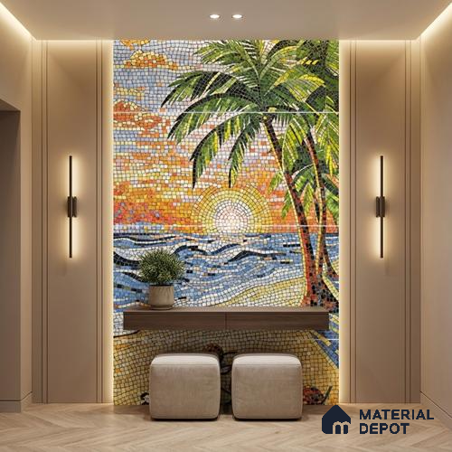 Faux Mosaic Mural Poster Wall Tile TL 07925 Palm Beach 4 ft x 2 ft Vitrified Glossy Punch Finish - 9 mm | Suitable For Living Room, Bedroom & Office
