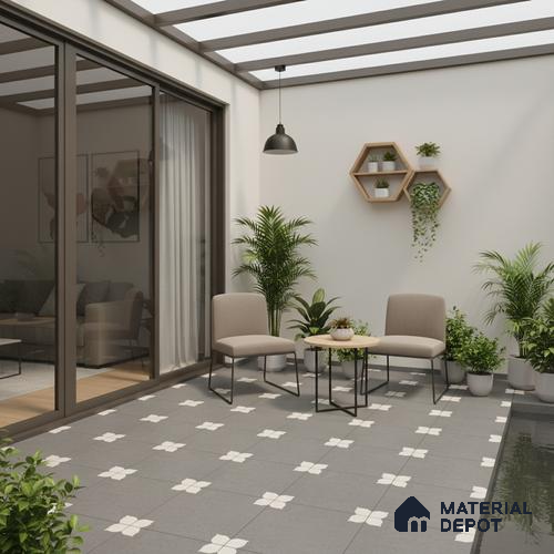 Parking Moroccan Floor Tile TL 08205 D Bloom Gris 16 inch x 16 inch | Vitrified Anti Slip Matte Finish Heavy Duty Tile - 12 mm | Suitable For High Traffic Areas, Parking, Balcony | Pattern Alignment May Vary | 2-3 mm Spacer is Mandatory