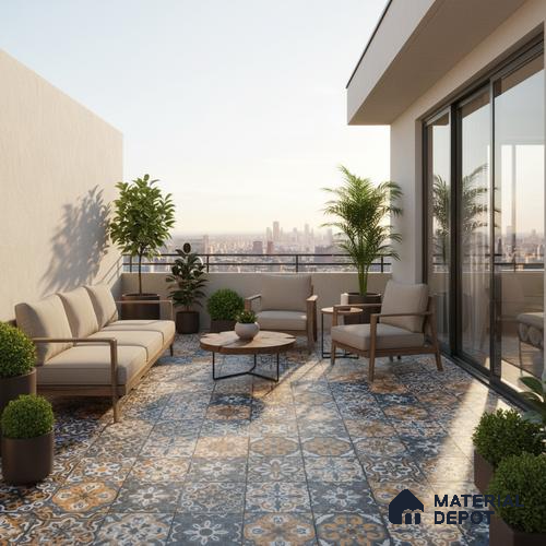 Budget Friendly Moroccan Look Value for Money Parking Sepia Terrain Floor Tile 16 x 16 inch | TL 08552 | Vitrified Matte Finish Tile - 12 mm | Suitable For Parking, Outdoor, Balcony & Terrace | Pattern Alignment May Vary | 2-3 mm Spacer is Mandatory