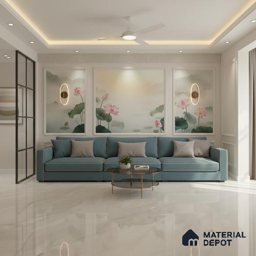 Large Format Marble Floor Tile TL 09443 Iceland Crema Glossy Finish Vitrified Tile - 15 mm | Suitable for Living Room, Bedroom, Office | Adhesive and Spacers Must be Used During Installation