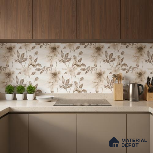 Floral Wall Tile TL 09743 C 2 ft x 1 ft Beige Ceramic Matte Finish Highlighter 1 Tile - 9 mm | Ideal for Bathroom, Kitchen | Please Expect a Slight Variation of Pattern