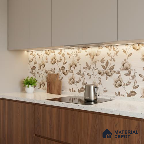 Floral Wall Tile TL 09743 D  2 ft x 1 ft Beige Ceramic Matte Finish Highlighter 2 Tile - 9 mm | Ideal for Bathroom, Kitchen | Please Expect a Slight Variation of Pattern