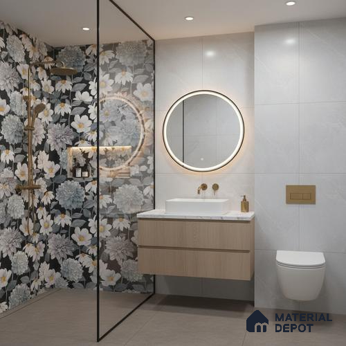 Floral Wall Tile TL 09927 4 ft x 2 ft Black Vitrified Matte Finish Tile - 9 mm | Ideal for Living Room,Bedroom,Bathroom,Kitchen
