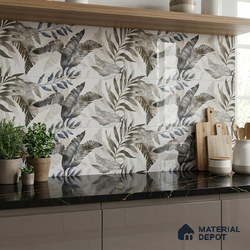 Floral Wall Tile TL 09996 B Leafty Gray Decor 2 ft x 1 ft Grey Ceramic Glue Matte Finish Decor Tile - 9 mm | Ideal for Living Room, Bathroom, Kitchen | Please Expect a Slight Variation of Pattern