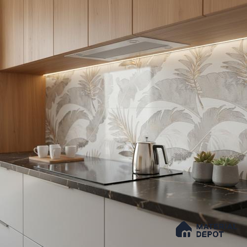 Floral Wall Tile TL 09997 B Leaf Silvar Decor 2 ft x 1 ft Silver Ceramic Glue Matte Finish Pattern 1 Tile - 9 mm | Ideal for Living Room, Bathroom, Kitchen | Please Expect a Slight Variation of Pattern