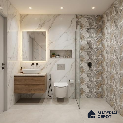 Floral Wall Tile TL 09997 C Leaf Silvar Decor 2 ft x 1 ft Silver Ceramic Glue Matte Finish Pattern 2 Tile - 9 mm | Ideal for Living Room, Bathroom, Kitchen | Please Expect a Slight Variation of Pattern