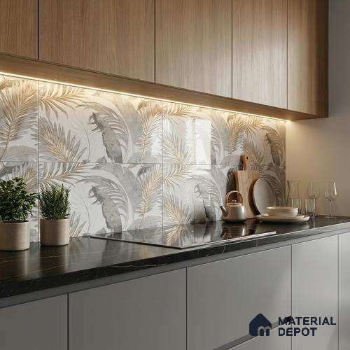 Floral Wall Tile TL 09997 C Leaf Silvar Decor 2 ft x 1 ft Silver Ceramic Glue Matte Finish Pattern 2 Tile - 9 mm | Ideal for Living Room, Bathroom, Kitchen | Please Expect a Slight Variation of Pattern