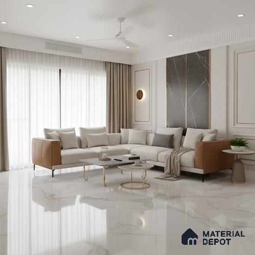 Marble Floor Large Format Tile TL 10074 Miami White 6 ft x 4 ft Glossy Finish Vitrified Colorbody Tile - 15 mm | Suitable for Living Room, Bedroom & Bathroom | Adhesive and Spacers Must be Used During Installation