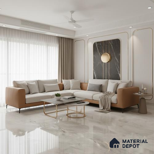 Large Format Marble Floor Tile TL 10549 Milano Grey Glossy Finish Vitrified Tile - 15 mm | Suitable for Living Room, Bedroom, Office | Adhesive and Spacers Must be Used During Installation
