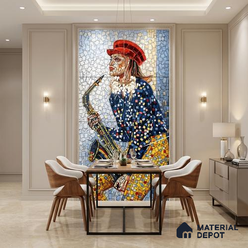 Faux Mosaic Mural Poster Wall Tile TL 10606 Trumpet Lady 4 ft x 2 ft Vitrified Glossy Punch Finish - 9 mm | Suitable For Living Room, Bedroom & Office